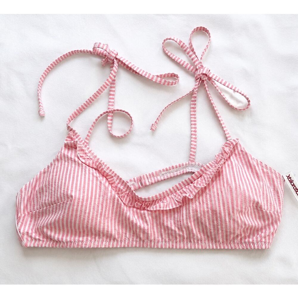 Aerie Pink & White Seersucker Stripe Ruffle Bikini Top XL